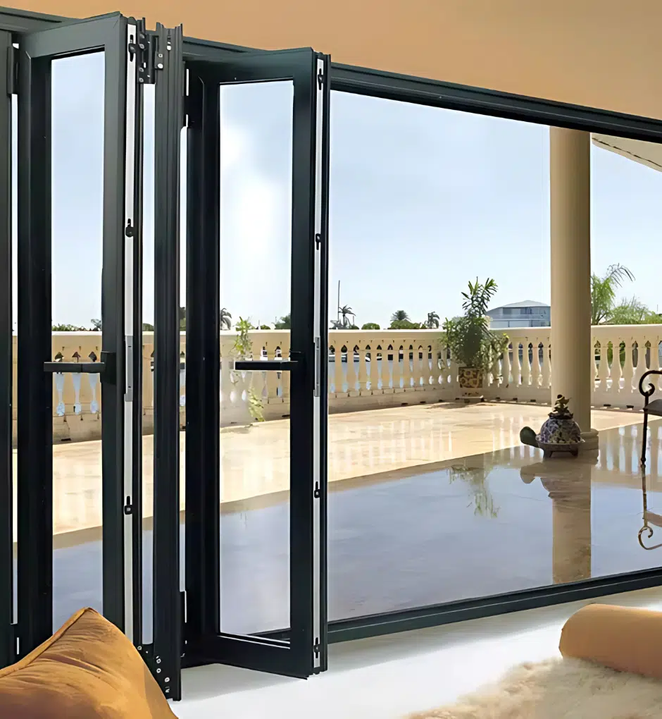 Frameless folding glass doors in a modern interior