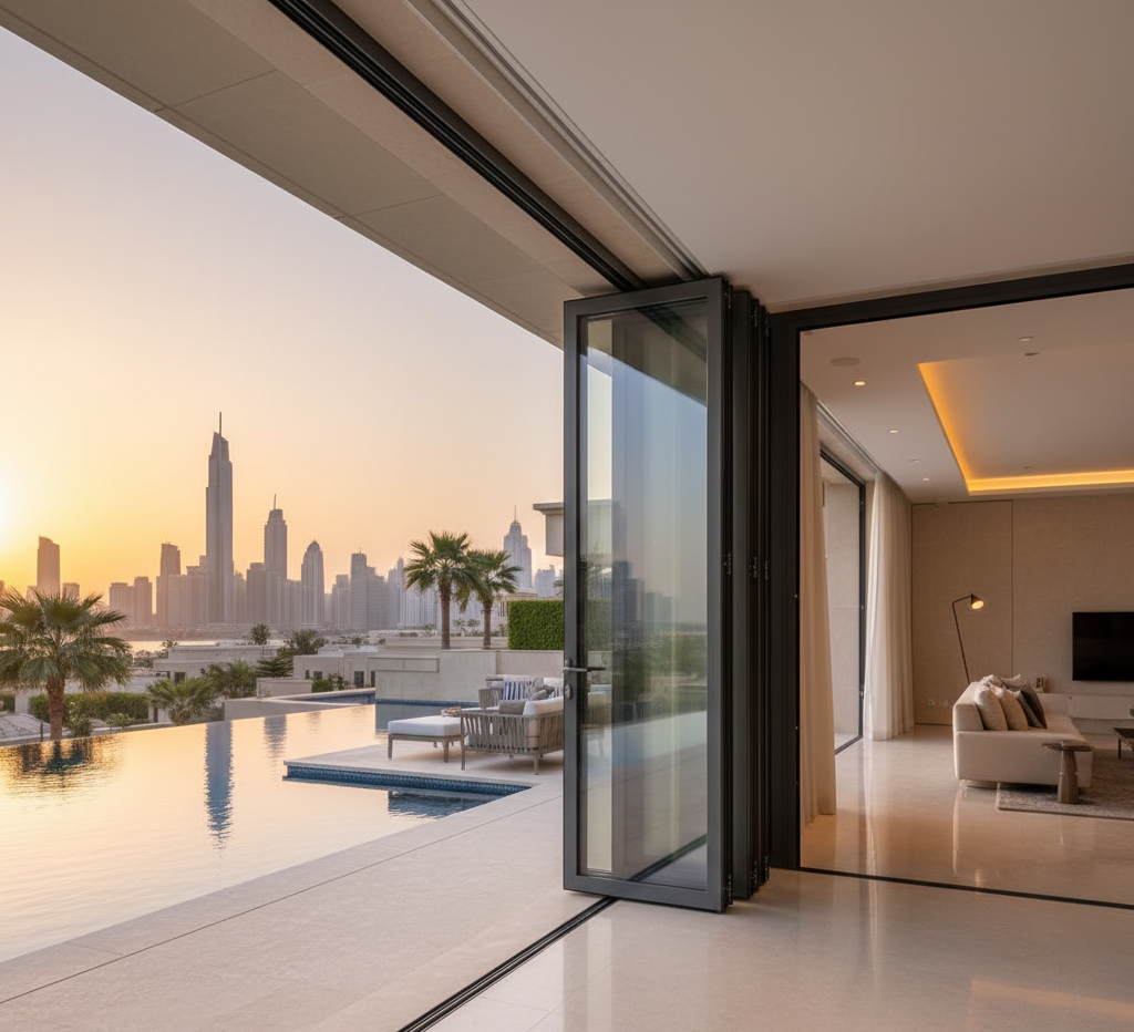 bifold door installation in Dubai luxury home, featuring large bifold glass panels with skyline view